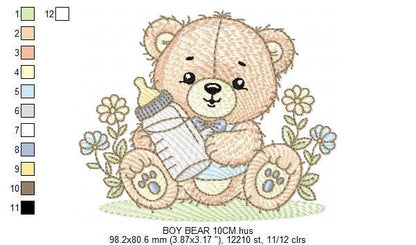 Male Bear with feeding bottle embroidery designs - Boy with flowers embroidery design machine embroidery pattern - instant download pes jef