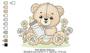 Male Bear with feeding bottle embroidery designs - Boy with flowers embroidery design machine embroidery pattern - instant download pes jef