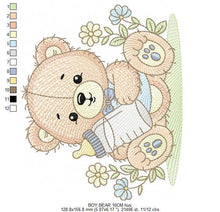 Load image into Gallery viewer, Male Bear with feeding bottle embroidery designs - Boy with flowers embroidery design machine embroidery pattern - instant download pes jef
