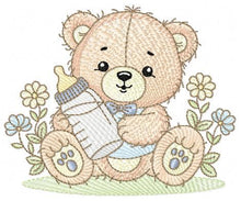 Load image into Gallery viewer, Male Bear with feeding bottle embroidery designs - Boy with flowers embroidery design machine embroidery pattern - instant download pes jef
