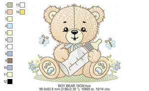 Bear with bottle embroidery designs - Baby boy embroidery design machine embroidery pattern - Bear with flowers - instant download pes jef