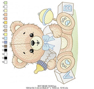 Bear with toys embroidery designs - Baby boy male Bear with bootle embroidery design machine embroidery pattern - instant download pes jef