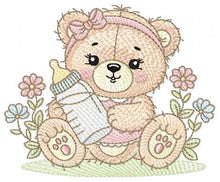 Laden Sie das Bild in den Galerie-Viewer, Female Bear with baby bottle embroidery designs - Girl with flowers and lace embroidery design machine embroidery pattern - instant download
