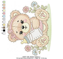 Load image into Gallery viewer, Female Bear with baby bottle embroidery designs - Girl with flowers and lace embroidery design machine embroidery pattern - instant download
