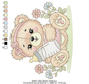 Female Bear with baby bottle embroidery designs - Girl with flowers and lace embroidery design machine embroidery pattern - instant download