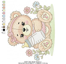 Load image into Gallery viewer, Female Bear with baby bottle embroidery designs - Girl with flowers and lace embroidery design machine embroidery pattern - instant download
