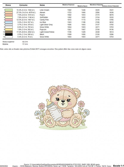Female Bear with baby bottle embroidery designs - Girl with flowers and lace embroidery design machine embroidery pattern - instant download