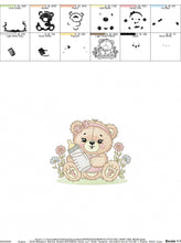 Load image into Gallery viewer, Female Bear with baby bottle embroidery designs - Girl with flowers and lace embroidery design machine embroidery pattern - instant download
