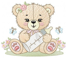 Laden Sie das Bild in den Galerie-Viewer, Baby girl Bear with bottle embroidery designs - Teddy Bear with flowers embroidery design machine embroidery pattern - instant download pes
