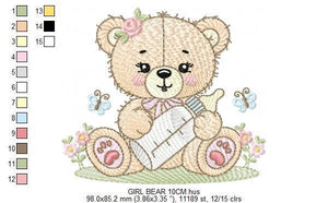 Bear with bottle embroidery designs - Baby girl embroidery design machine embroidery pattern - Bear with flowers - instant download pes jef