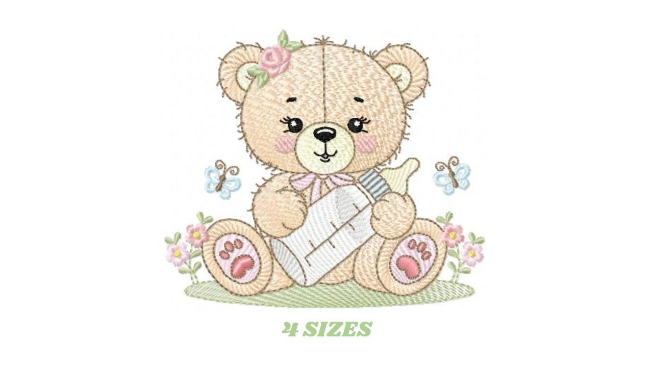 Bear with bottle embroidery designs - Baby girl embroidery design machine embroidery pattern - Bear with flowers - instant download pes jef