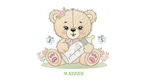 Bear with bottle embroidery designs - Baby girl embroidery design machine embroidery pattern - Bear with flowers - instant download pes jef