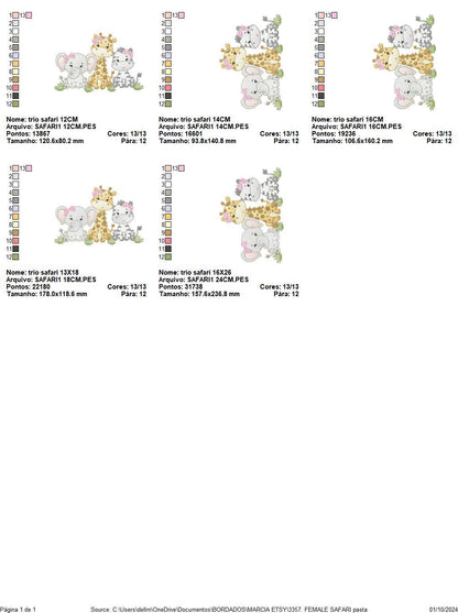 Female Safari animmals embroidery designs - Elephant Giraffe and Zebra embroidery design machine embroidery pattern - instant download pes