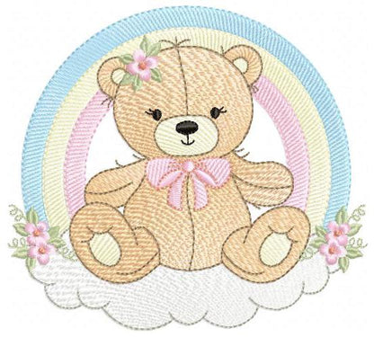 Girl Bear with rainbow embroidery designs - Female Teddy with flowers embroidery design machine embroidery pattern - instant download pes