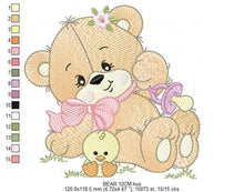 Load image into Gallery viewer, Girl Bear with chick embroidery designs - Bear with pacifier and lace embroidery design machine embroidery pattern - instant download pes
