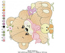 Laden Sie das Bild in den Galerie-Viewer, Girl Bear with chick embroidery designs - Bear with pacifier and lace embroidery design machine embroidery pattern - instant download pes
