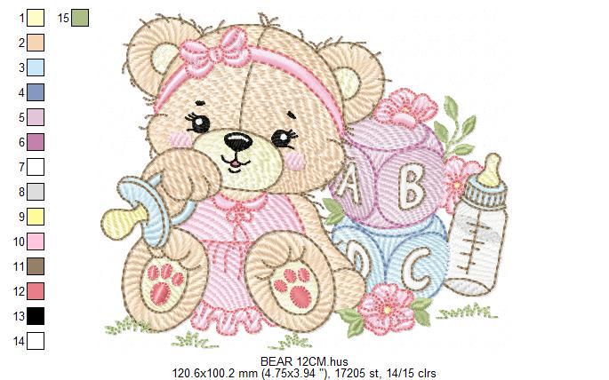 Bear with toys embroidery designs - Baby girl female Bear with pacifier embroidery design machine embroidery pattern - instant download pes