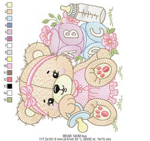 Load image into Gallery viewer, Bear with toys embroidery designs - Baby girl female Bear with pacifier embroidery design machine embroidery pattern - instant download pes
