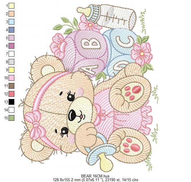 Bear with toys embroidery designs - Baby girl female Bear with pacifier embroidery design machine embroidery pattern - instant download pes