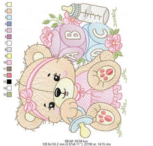 Laden Sie das Bild in den Galerie-Viewer, Bear with toys embroidery designs - Baby girl female Bear with pacifier embroidery design machine embroidery pattern - instant download pes
