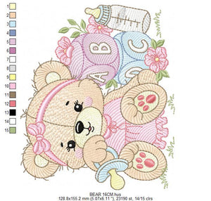 Bear with toys embroidery designs - Baby girl female Bear with pacifier embroidery design machine embroidery pattern - instant download pes