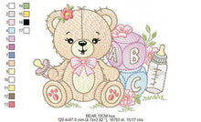 Charger l&#39;image dans la galerie, Baby girl Bear with toys embroidery designs - Female Bear with pacifier and flowers embroidery machine embroidery pattern - instant download
