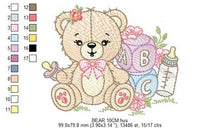 Load image into Gallery viewer, Baby girl Bear with toys embroidery designs - Female Bear with pacifier and flowers embroidery machine embroidery pattern - instant download
