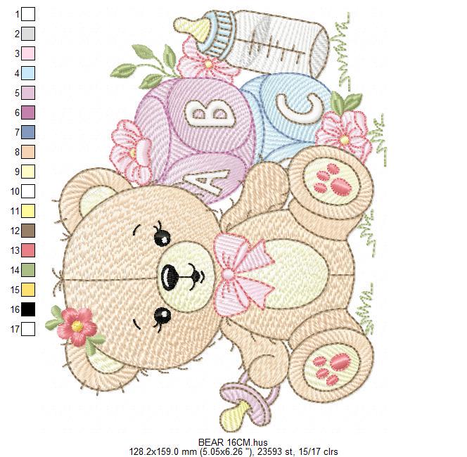 Baby girl Bear with toys embroidery designs - Female Bear with pacifier and flowers embroidery machine embroidery pattern - instant download