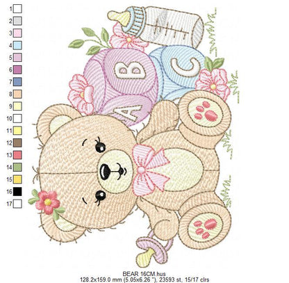Baby girl Bear with toys embroidery designs - Female Bear with pacifier and flowers embroidery machine embroidery pattern - instant download