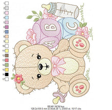 Load image into Gallery viewer, Baby girl Bear with toys embroidery designs - Female Bear with pacifier and flowers embroidery machine embroidery pattern - instant download
