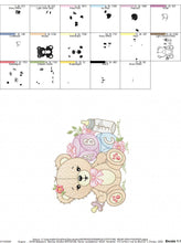 Load image into Gallery viewer, Baby girl Bear with toys embroidery designs - Female Bear with pacifier and flowers embroidery machine embroidery pattern - instant download
