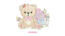 Load image into Gallery viewer, Baby girl Bear with toys embroidery designs - Female Bear with pacifier and flowers embroidery machine embroidery pattern - instant download
