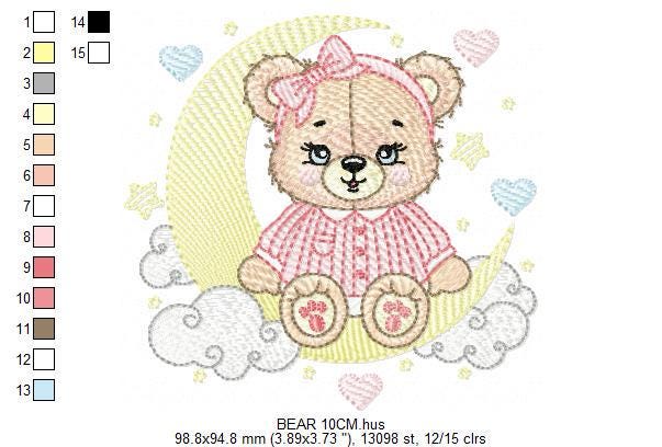 Girl Bear with pajamas embroidery designs - Moon embroidery design machine embroidery pattern - Female teddy bear - instant download pes jef