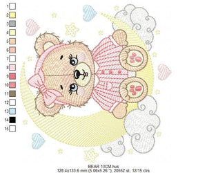 Girl Bear with pajamas embroidery designs - Moon embroidery design machine embroidery pattern - Female teddy bear - instant download pes jef