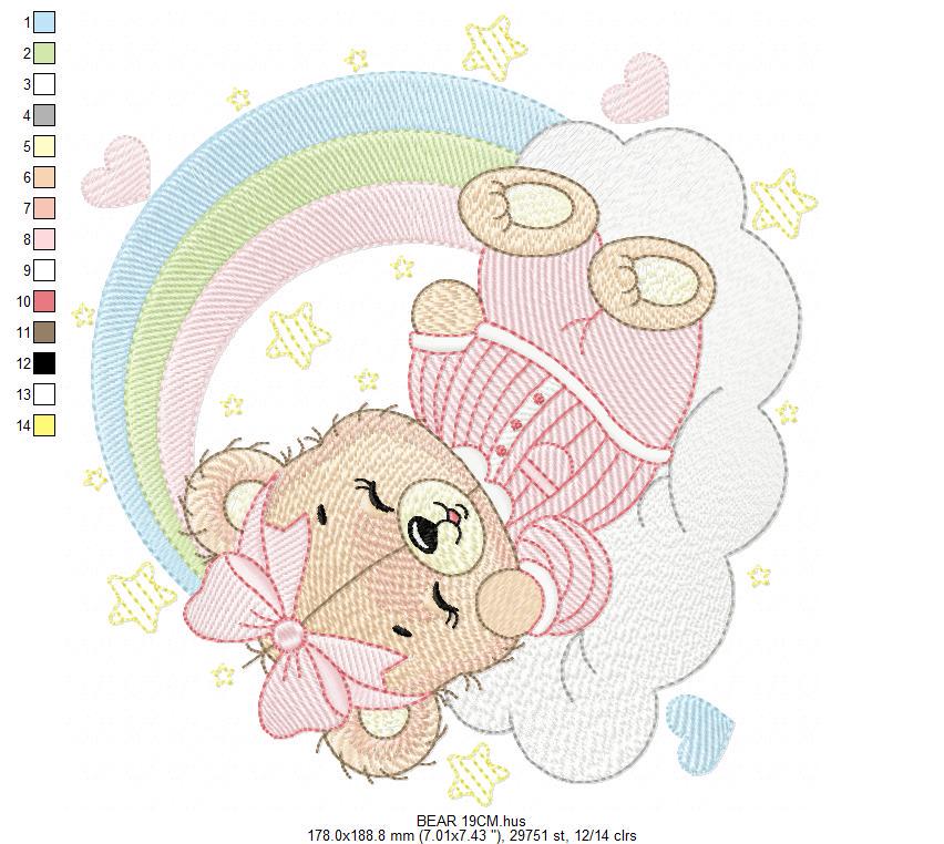 Sleeping Bear embroidery designs - Baby girl embroidery design machine embroidery pattern - Rainbow Pajamas Teddy bear - instant download