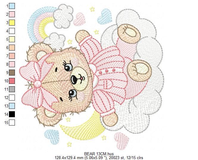 Girl Bear with pajamas embroidery design - Baby girl bear with stars and clouds machine embroidery pattern - Moon cloud rainbow - Instant digital download pes jef dst