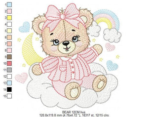 Girl Bear with pajamas embroidery designs - Baby girl embroidery design machine embroidery pattern - Moon cloud rainbow - instant download