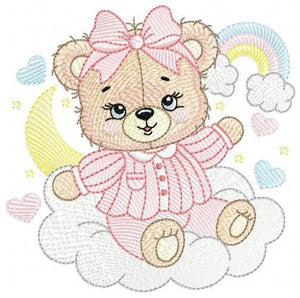 Girl Bear with pajamas embroidery designs - Baby girl embroidery design machine embroidery pattern - Moon cloud rainbow - instant download