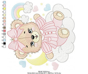 Girl Bear with pajamas embroidery designs - Baby girl embroidery design machine embroidery pattern - Moon cloud rainbow - instant download