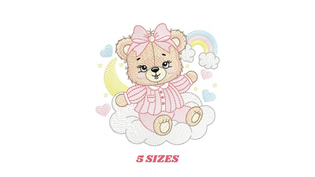 Girl Bear with pajamas embroidery design - Baby girl bear with stars and clouds machine embroidery pattern - Moon cloud rainbow - Instant digital download pes jef dst
