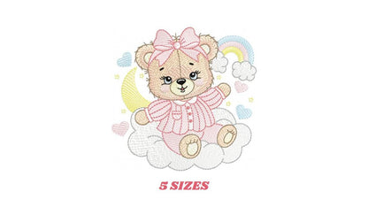 Girl Bear with pajamas embroidery design - Baby girl bear with stars and clouds machine embroidery pattern - Moon cloud rainbow - Instant digital download pes jef dst