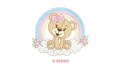 Bear with rainbow embroidery designs - Female Teddy with lace and flowers embroidery design machine embroidery pattern - instant download