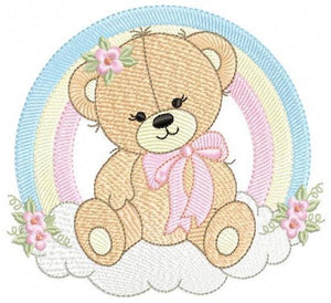 Female Bear with rainbow embroidery designs - Girl Teddy with flowers lace embroidery design machine embroidery pattern - instant download