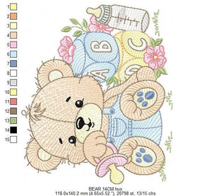 Baby Boy Bear with toys embroidery designs - Male Bear with pacifier embroidery design machine embroidery pattern - instant download pes jef