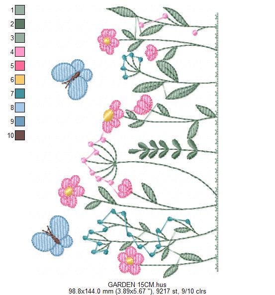 Flower garden embroidery designs - Butterfly embroidery design machine embroidery pattern - Kitchen towel embroidery file - instant download