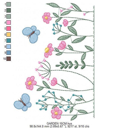 Flower garden embroidery designs - Butterfly embroidery design machine embroidery pattern - Kitchen towel embroidery file - instant download