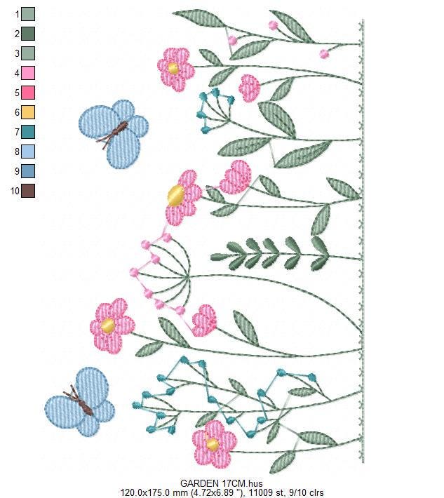 Flower garden embroidery designs - Butterfly embroidery design machine embroidery pattern - Kitchen towel embroidery file - instant download