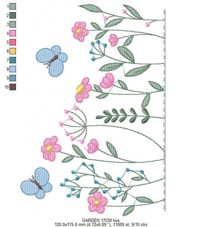 Flower garden embroidery designs - Butterfly embroidery design machine embroidery pattern - Kitchen towel embroidery file - instant download