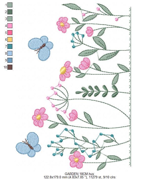 Flower garden embroidery designs - Butterfly embroidery design machine embroidery pattern - Kitchen towel embroidery file - instant download