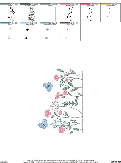 Flower garden embroidery designs - Butterfly embroidery design machine embroidery pattern - Kitchen towel embroidery file - instant download